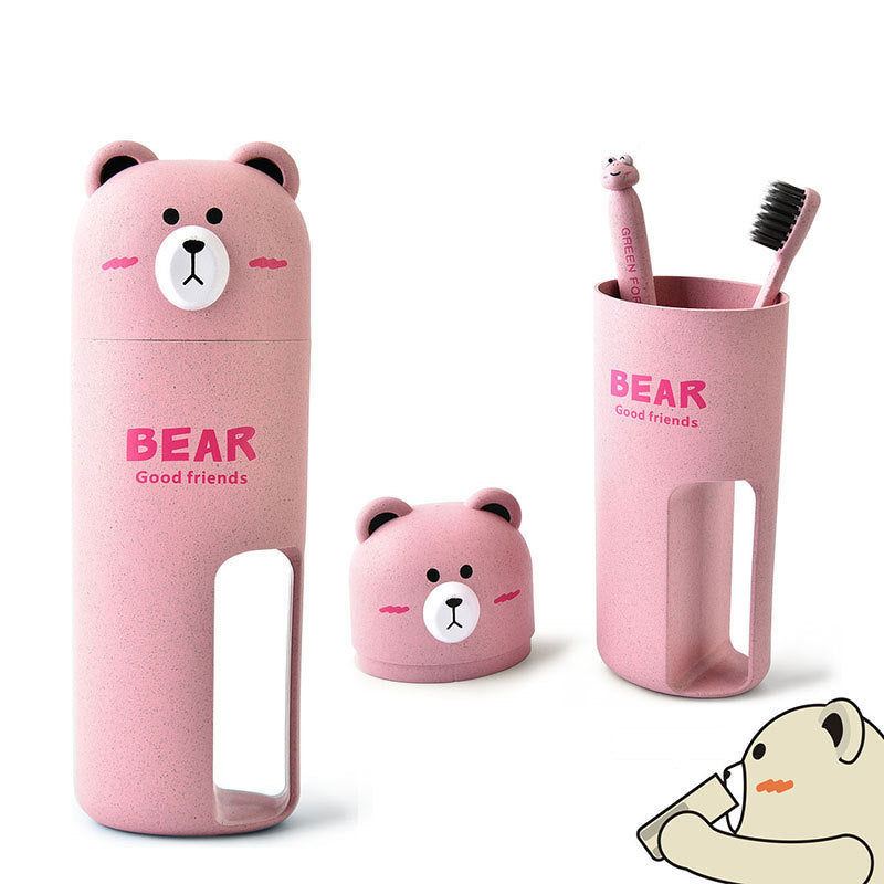 Cartoon Bear Wheat Fiber Travel Mouthwash Cup With Toothbrush Set - Minihomy