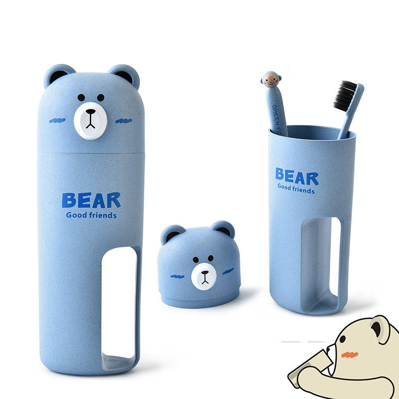 Cartoon Bear Wheat Fiber Travel Mouthwash Cup With Toothbrush Set - Minihomy