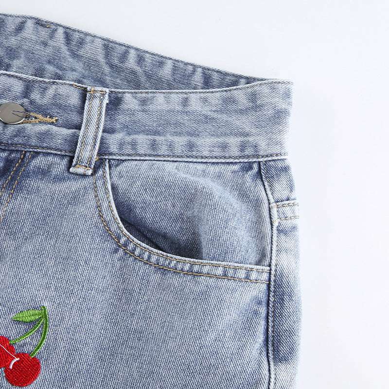 Cherry Embroidered High-rise Slimming Pencil Jeans - Minihomy