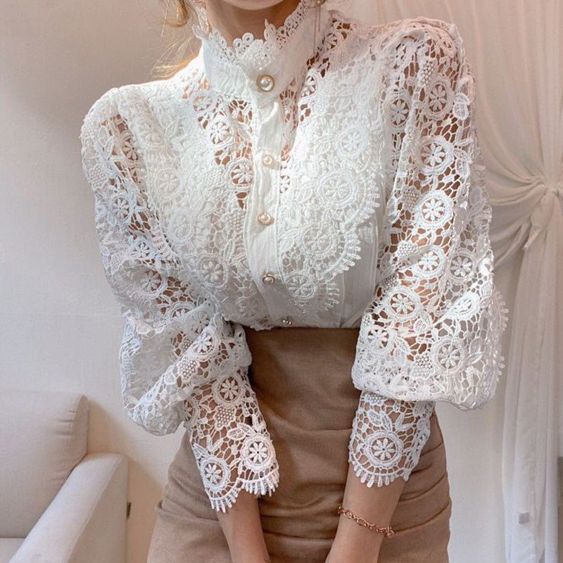 Lace Hollow Flower Stitching Long-Sleeved Stand Collar Shirt - Minihomy