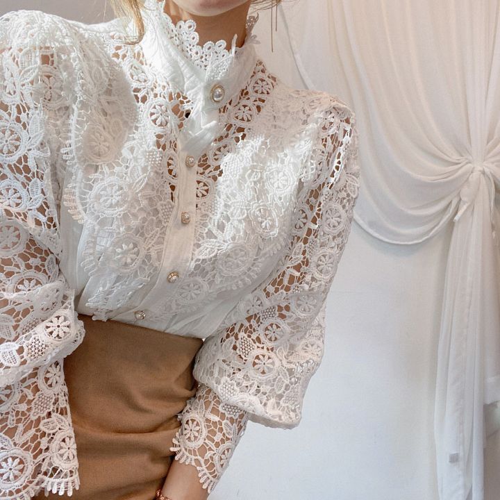 Lace Hollow Flower Stitching Long-Sleeved Stand Collar Shirt - Minihomy