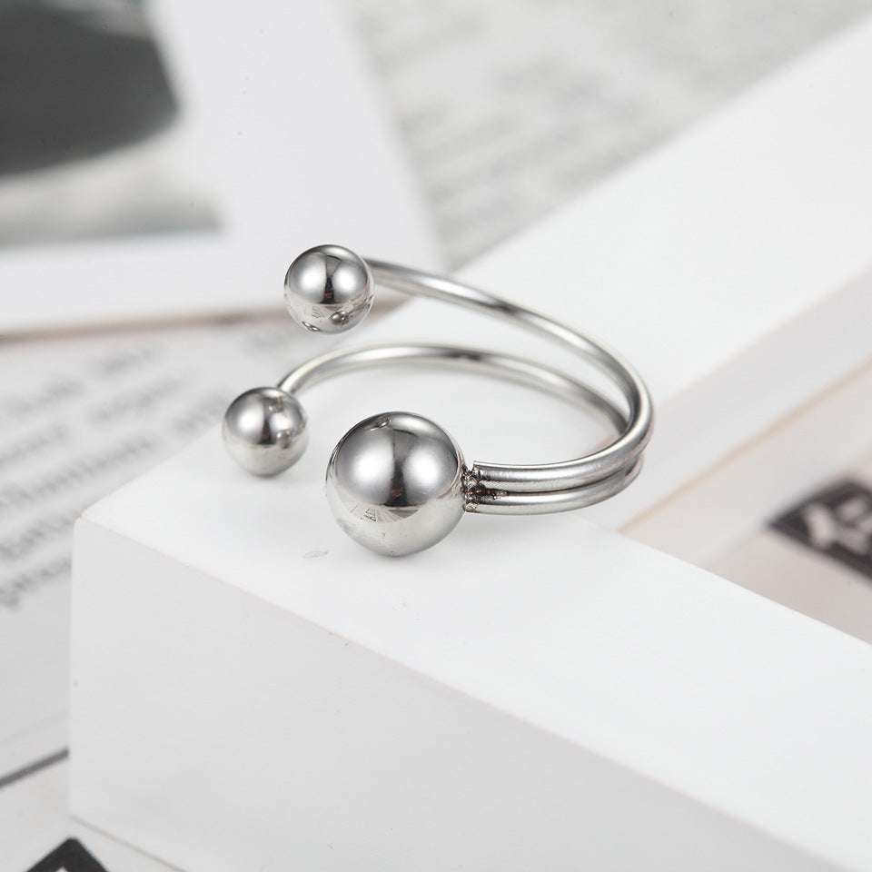 Geometric Small Round Bead Double Line Stainless Steel Ring - Minihomy