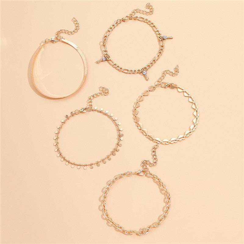 5 Pcs Women Fashion Gold Color Heart Crystal Key Anklets For Women Trendy Snake Chain Anklets For Women Foot Jewelry Gifts - Minihomy