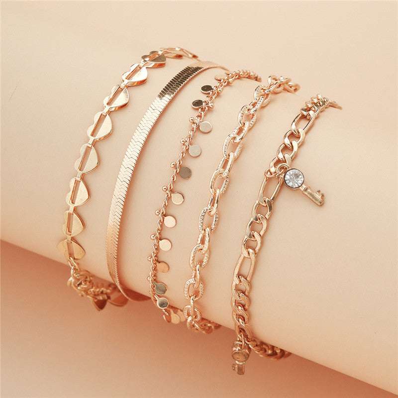 5 Pcs Women Fashion Gold Color Heart Crystal Key Anklets For Women Trendy Snake Chain Anklets For Women Foot Jewelry Gifts - Minihomy