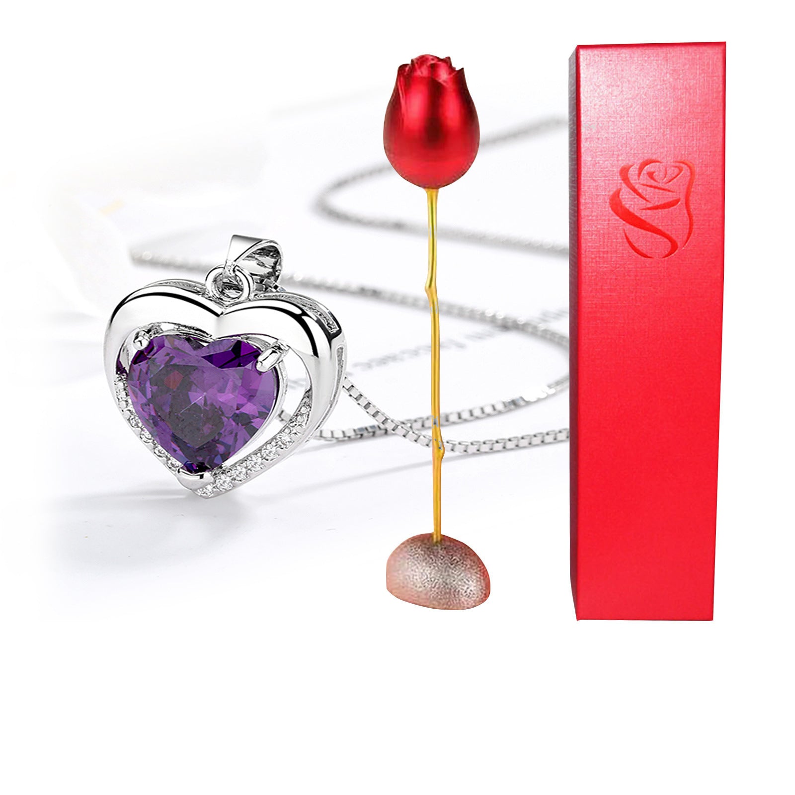 Valentine's Day Gift: Heart-Shaped Blue Purple Crystal Diamond Pendant Rose Head Necklace