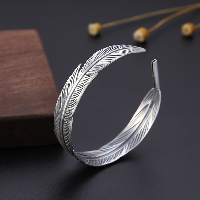 Vintage Thai Silver Women's Simple Feather Bracelet Open Bracelet Women