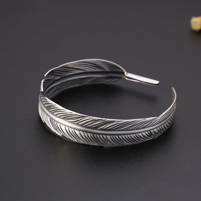 Vintage Thai Silver Women's Simple Feather Bracelet Open Bracelet Women