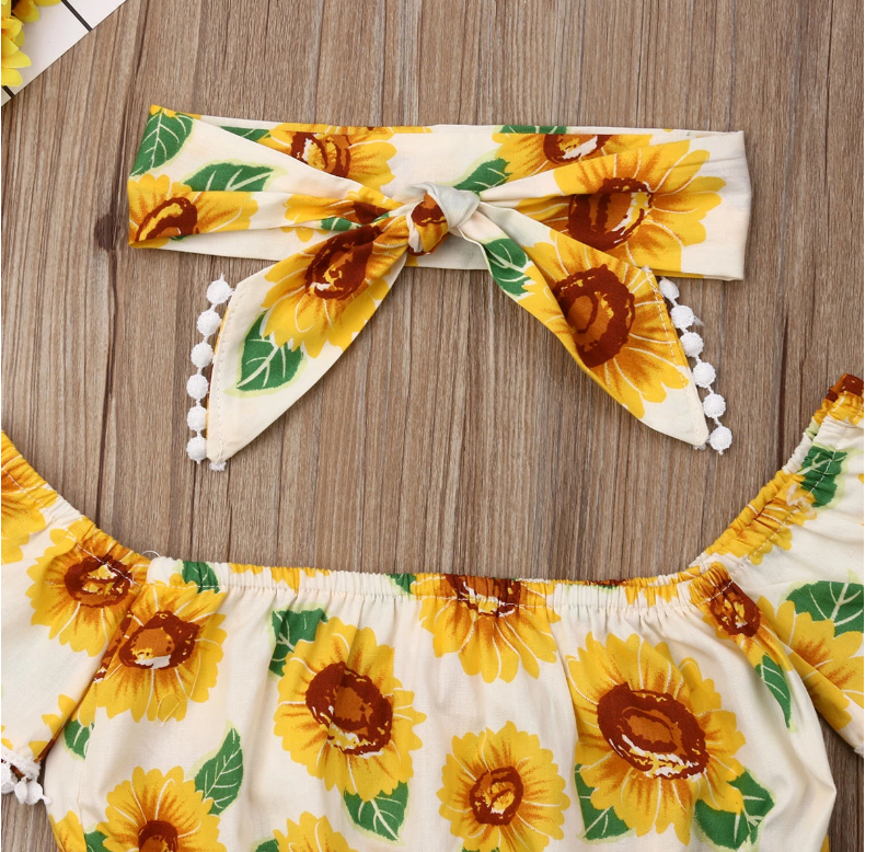 Girl Sunflower Print One-Shoulder Top Triangle Shorts Suit - Minihomy