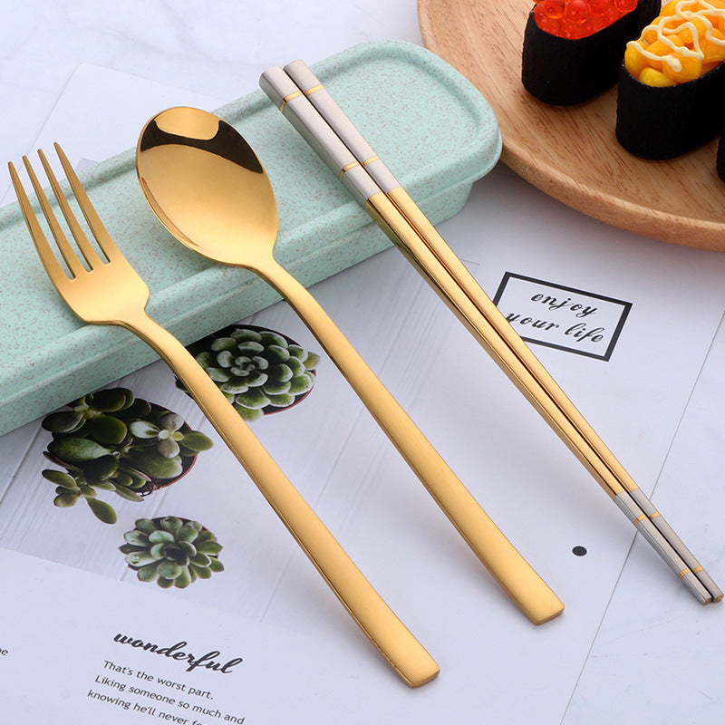 Portable Student Tableware Box Set Cute Chopsticks Spoon Fork Stainless Steel Three-Piece Single Travel - Minihomy