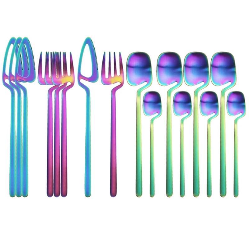 Rainbow Dinnerware Set Spoon Fork Knife Table Decor Cutlery Sets Kitchen Matte Gold tableware Set Desserts Soup Coffee Use