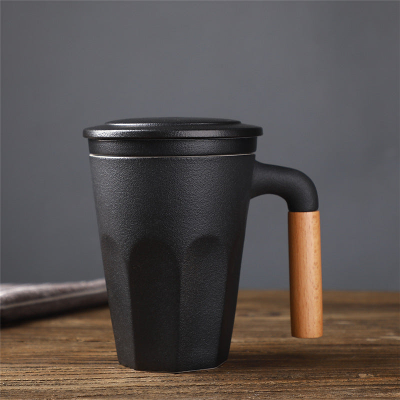 Ceramic Large Capacity Mug Custom Japanese Stoneware Office Cup Wooden Handle Gift Cup With Lid Tea Separation - Minihomy