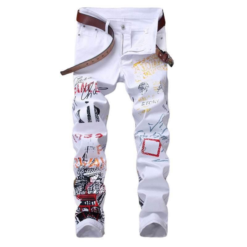 Jeans Slim Graffiti Print Trousers Men - Minihomy