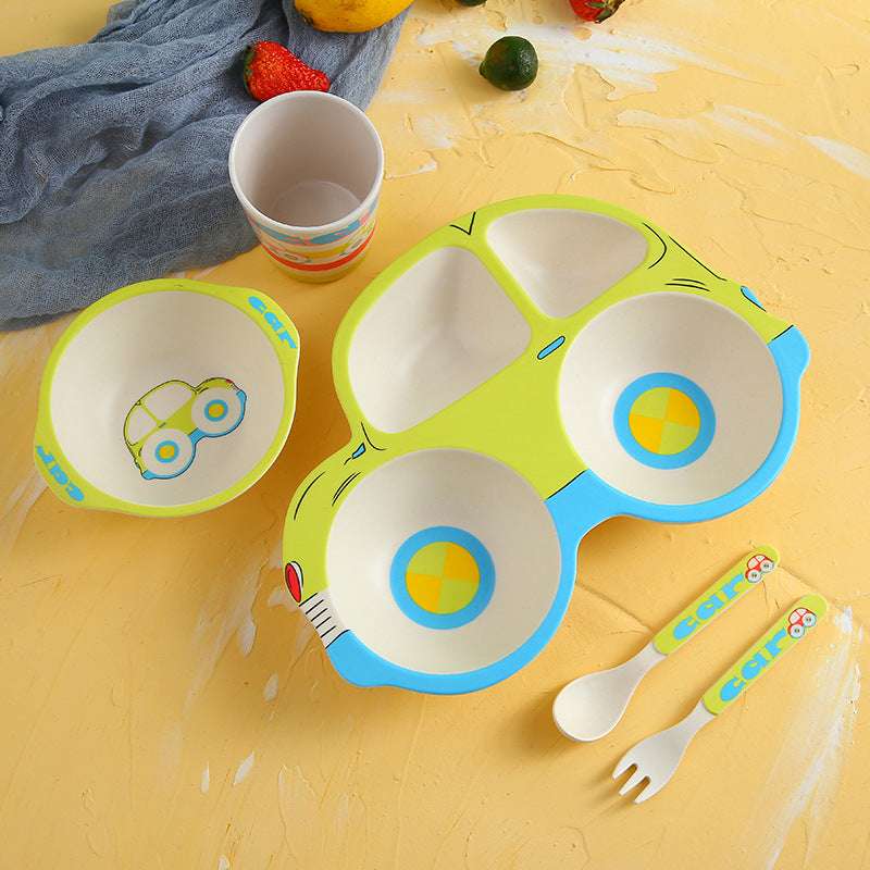 Children'S Bamboo Fiber Tableware Kindergarten Children'S Eating Grid Plate Household Cartoon Bowl Spoon Fork Cup Set - Minihomy