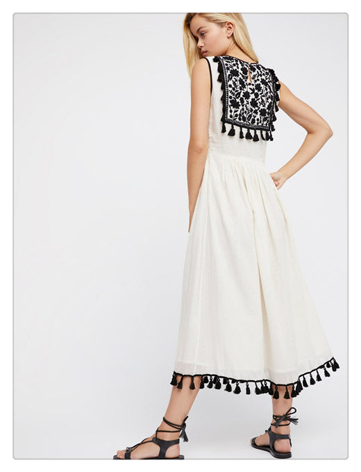 Bohemian Embroidered Floral Fringe Sleeveless Vest Dress - Minihomy