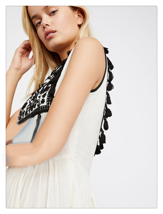 Bohemian Embroidered Floral Fringe Sleeveless Vest Dress - Minihomy