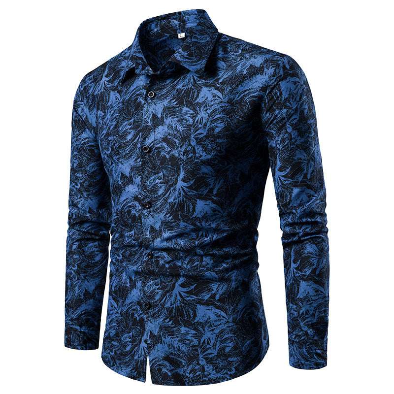 Mens Shirt Printed Casual Long Sleeved Shirt Slim Fit Male Social Dress Shirt For Men - Minihomy