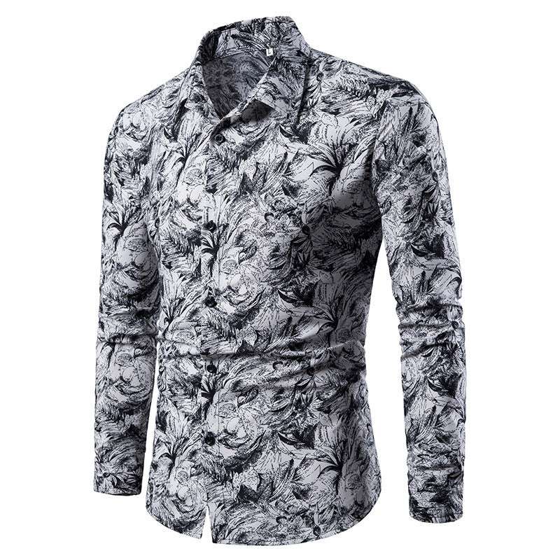 Mens Shirt Printed Casual Long Sleeved Shirt Slim Fit Male Social Dress Shirt For Men - Minihomy