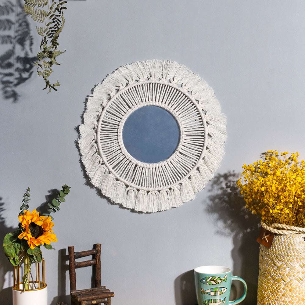 Geometric Mirror High Quality Lightweight Round Macrame Fringe Hanging Wall Mirror - Minihomy