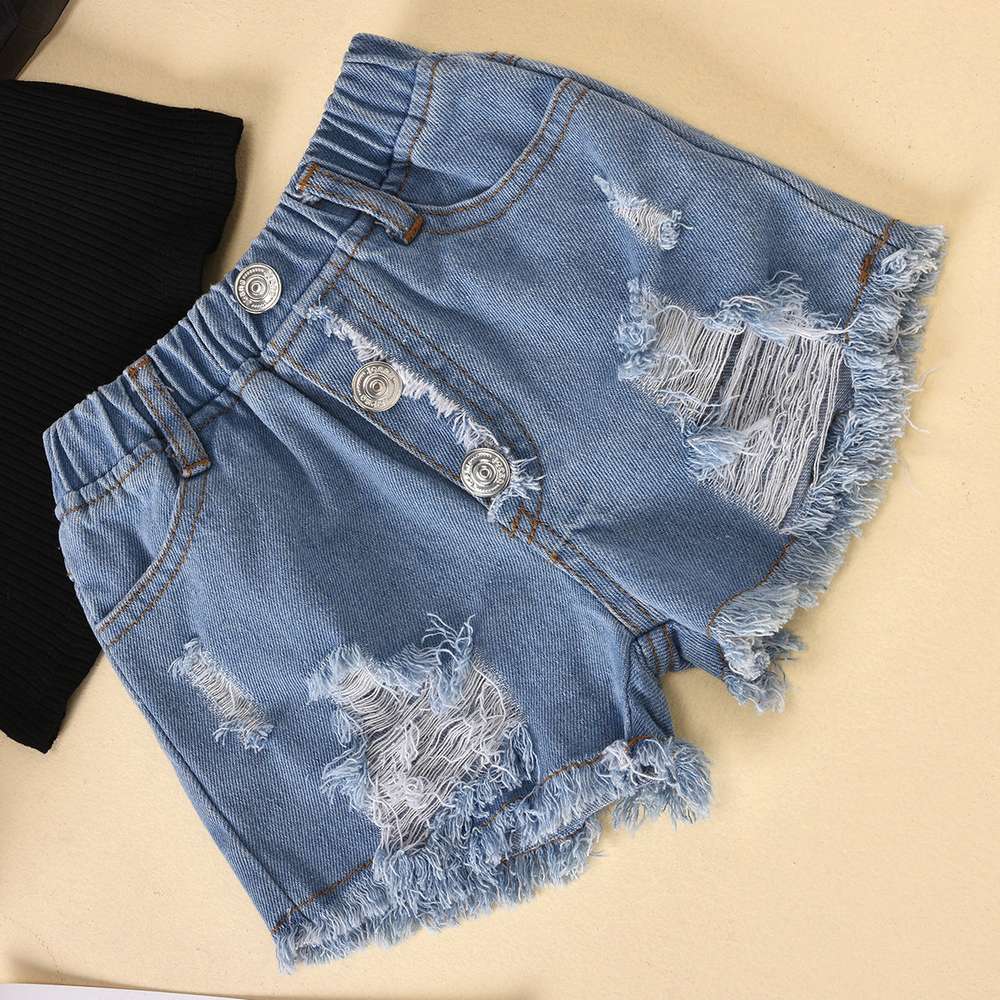 Cotton Dot Mesh Sleeves Striped Top & Ripped Denim Shorts Kids Suit - Minihomy