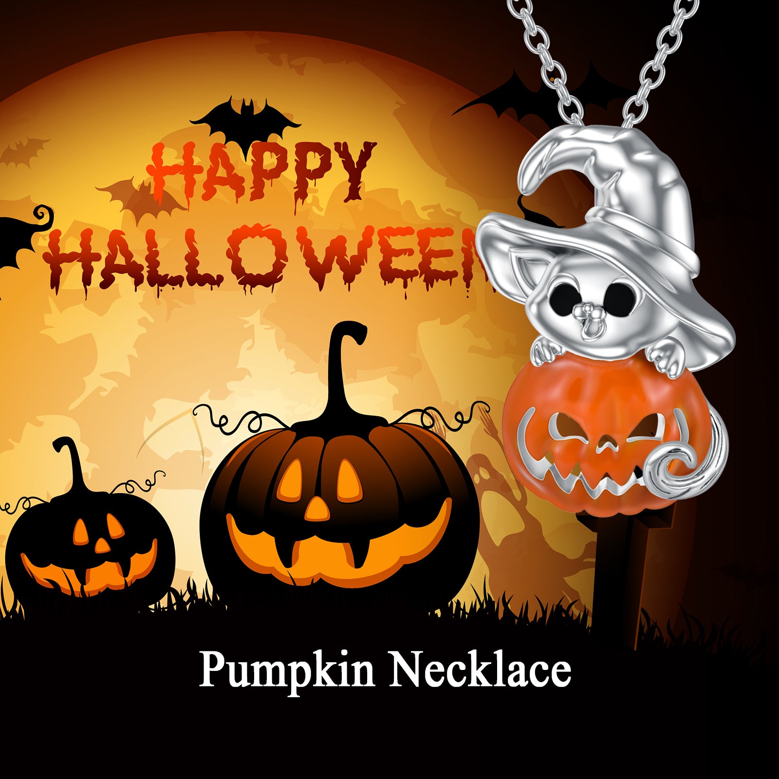 Halloween Jewelry Pumpkin Necklace 925 Sterling Silver Cat Necklace for Girls Women Birthday Christmas Halloween Jewelry Gifts - Minihomy