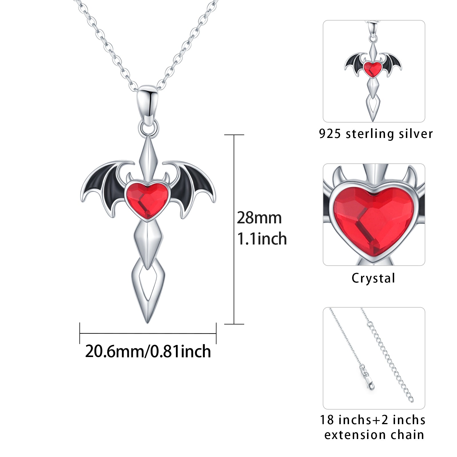 Bat Cross Pendant Necklace With Rosy Crystal Jewelry Gift For Women - Minihomy