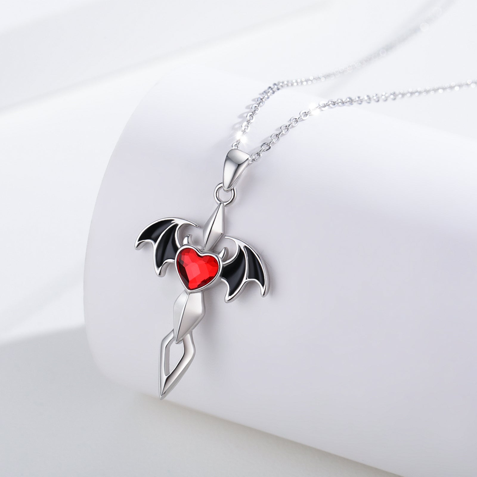 Bat Cross Pendant Necklace With Rosy Crystal Jewelry Gift For Women - Minihomy