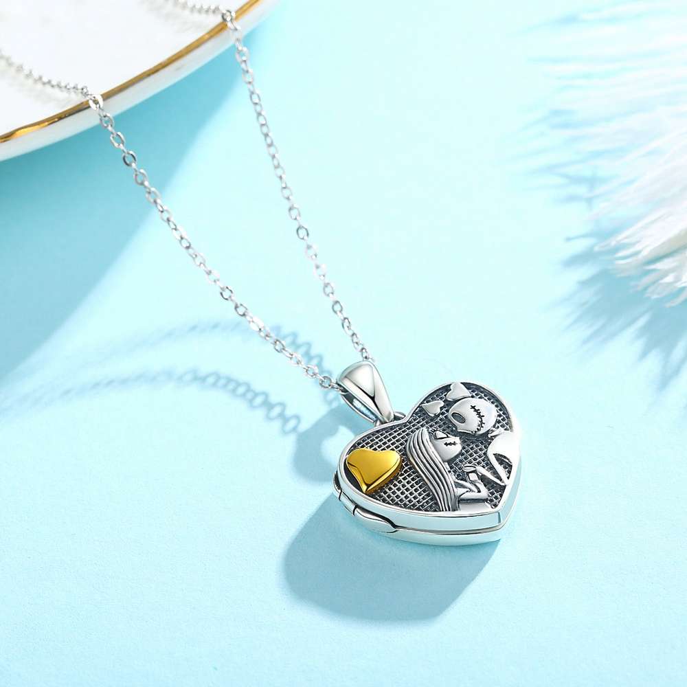 925 Sterling Silver Jack Skellington and Sally Heart Necklace That Holds Pictures Jewelry Gift for Women Gilrfriend Christmas - Minihomy