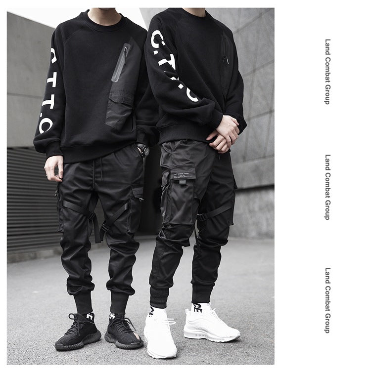 Men Black Hip Hop Cargo Pants Elastic Waist Jogger Trousers - Minihomy