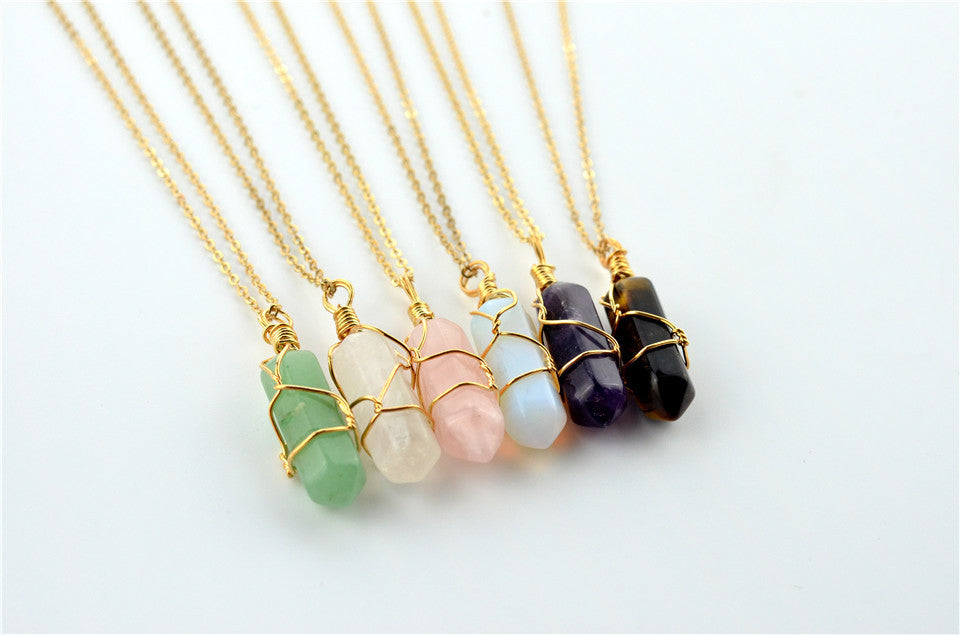 Geometric Hexagonal Column Quartz Necklace Pendant Natural Stone Bullet Crystal - Minihomy