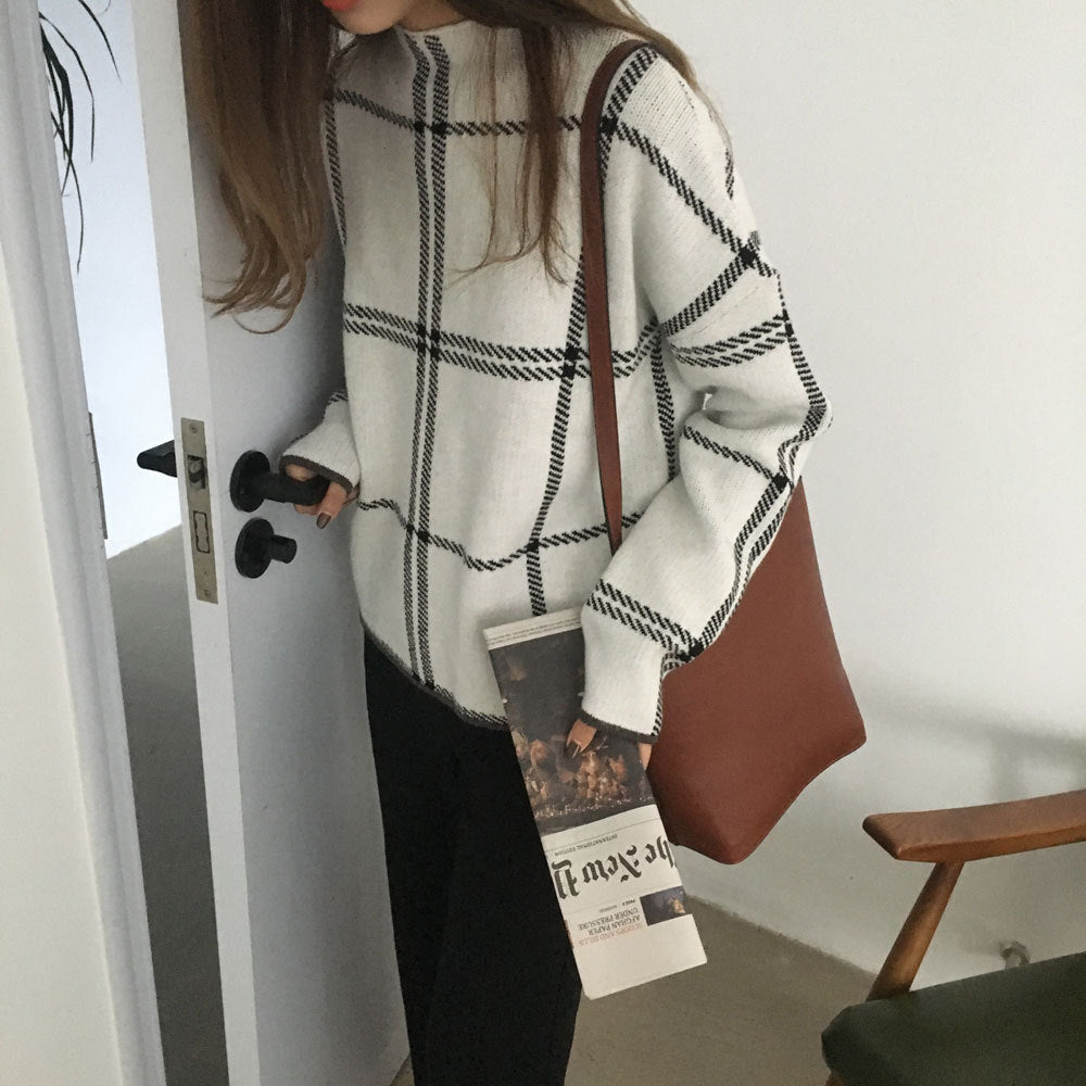 Core-spun high neck plaid sweater sweater top women - Minihomy