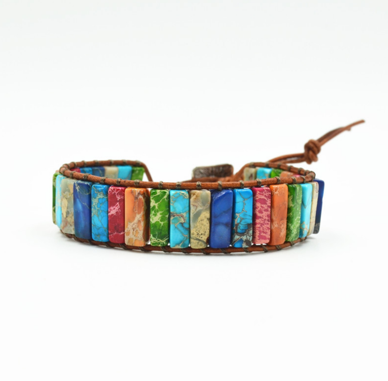 Colored Imperial Stone Hand-woven Single-layer Leather Bracelet: Embrace Ethnic Elegance - Minihomy