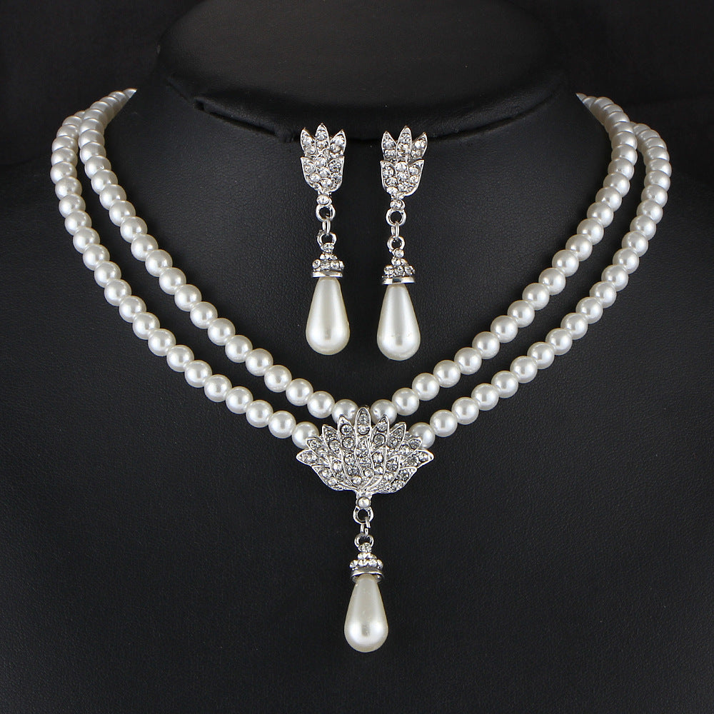 Jewelry Bridal Pearl Crystal Diamond Short Clavicle Neck Necklace Set - Minihomy