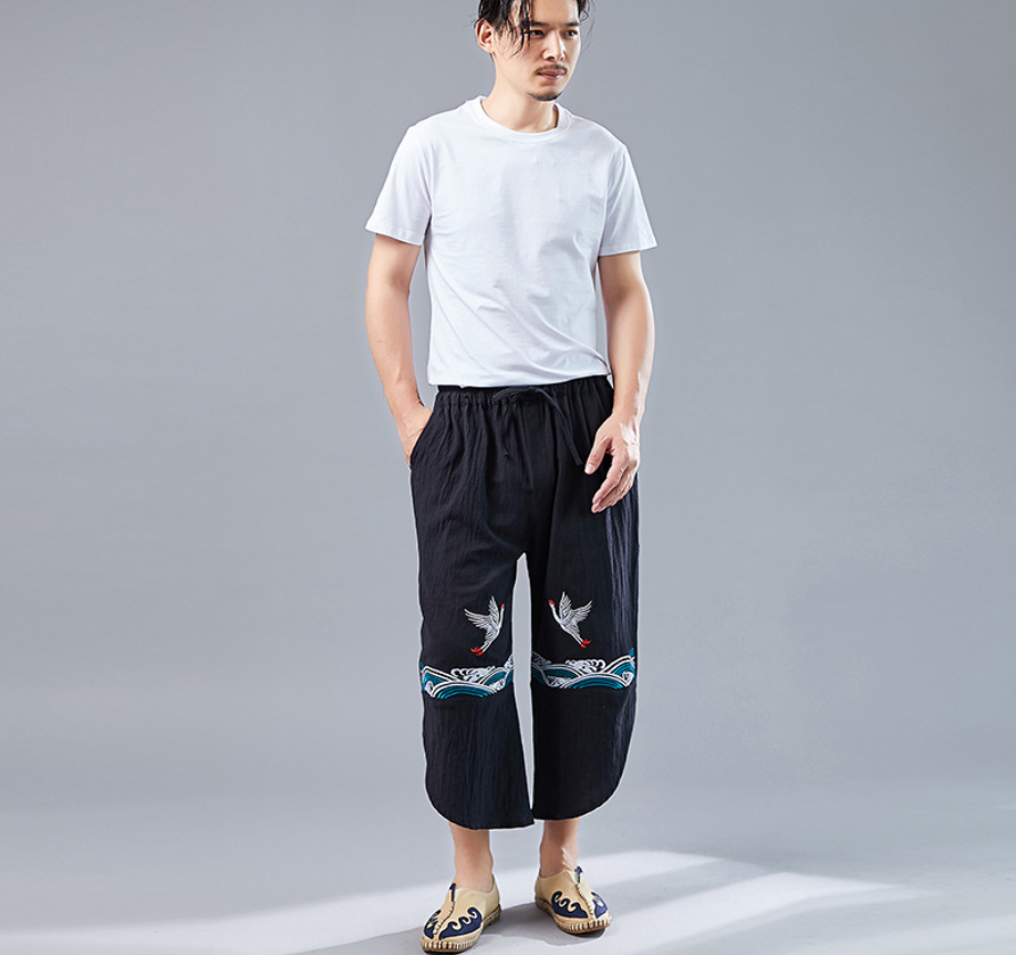 Chinese Style Retro Double Crane Pants - Minihomy