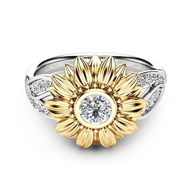 Gold-plated couple ring sunflower flower color separation zircon ring - Minihomy