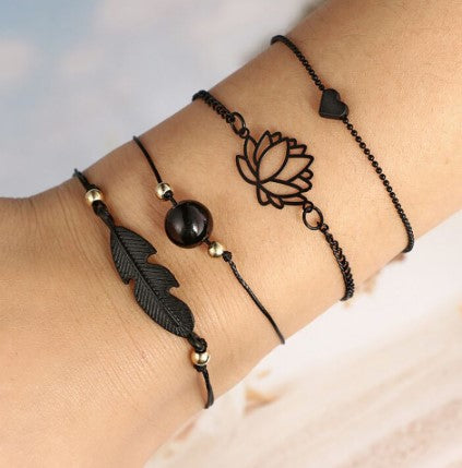 Black Love Heart Openwork Lotus Ball Leaf Bracelet Four-piece Set - Minihomy