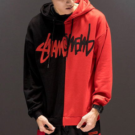 Patchwork Casual Hoodies Fall Winter Letter Printing Loose Pullover Men - Minihomy