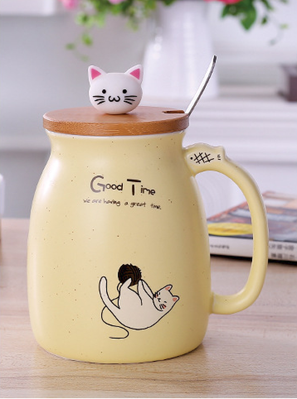 Cartoon Ceramics Cat Mug With Lid and Spoon Coffee Milk Tea Mugs - Minihomy