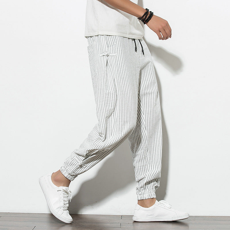 Thin Breathable Cotton and Linen Disc Buckle Casual Harem Pants