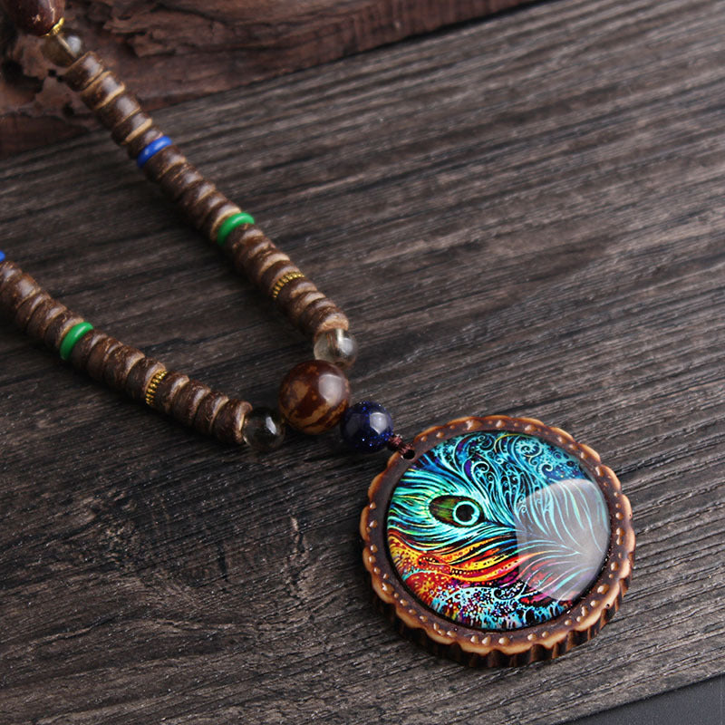 Peacock feather pendant ethnic style sweater chain - Minihomy