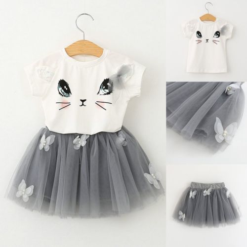 Girls Kids Cute Cat Short Sleeve T-Shirt Butterfly Beaded Puffy Skirt Set - Minihomy