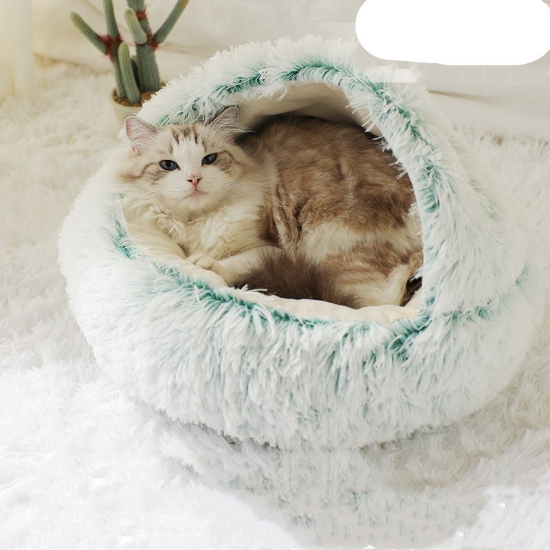 Pet Bed Round Plush Warm Bed House Soft Long Plush Bed  2 In 1 Bed - Minihomy