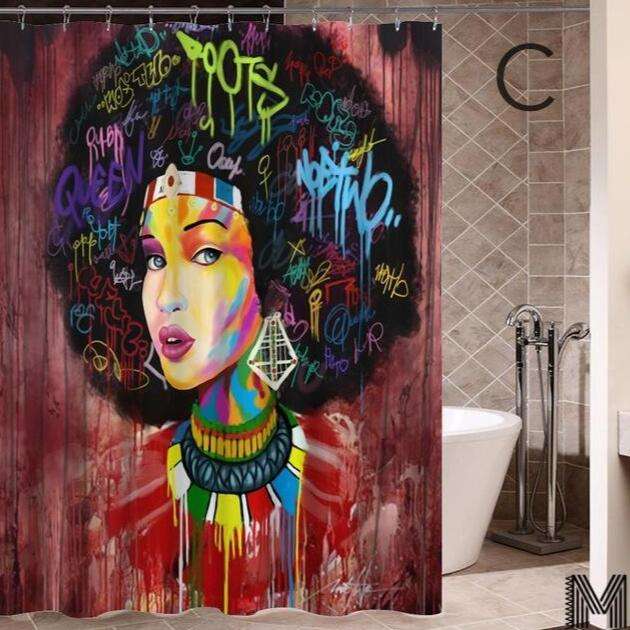 Art Design Graffiti African Girl with Black Hair with Modern Building Shower Curtain for Bathroom Decor - Minihomy