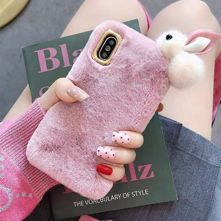 Cute Warm Rabbit Fur Plush diamond Phone Case - Minihomy