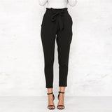 Stylish Pleated Sashes Women Slim Long Pants High Elastic Waist Straight Trousers