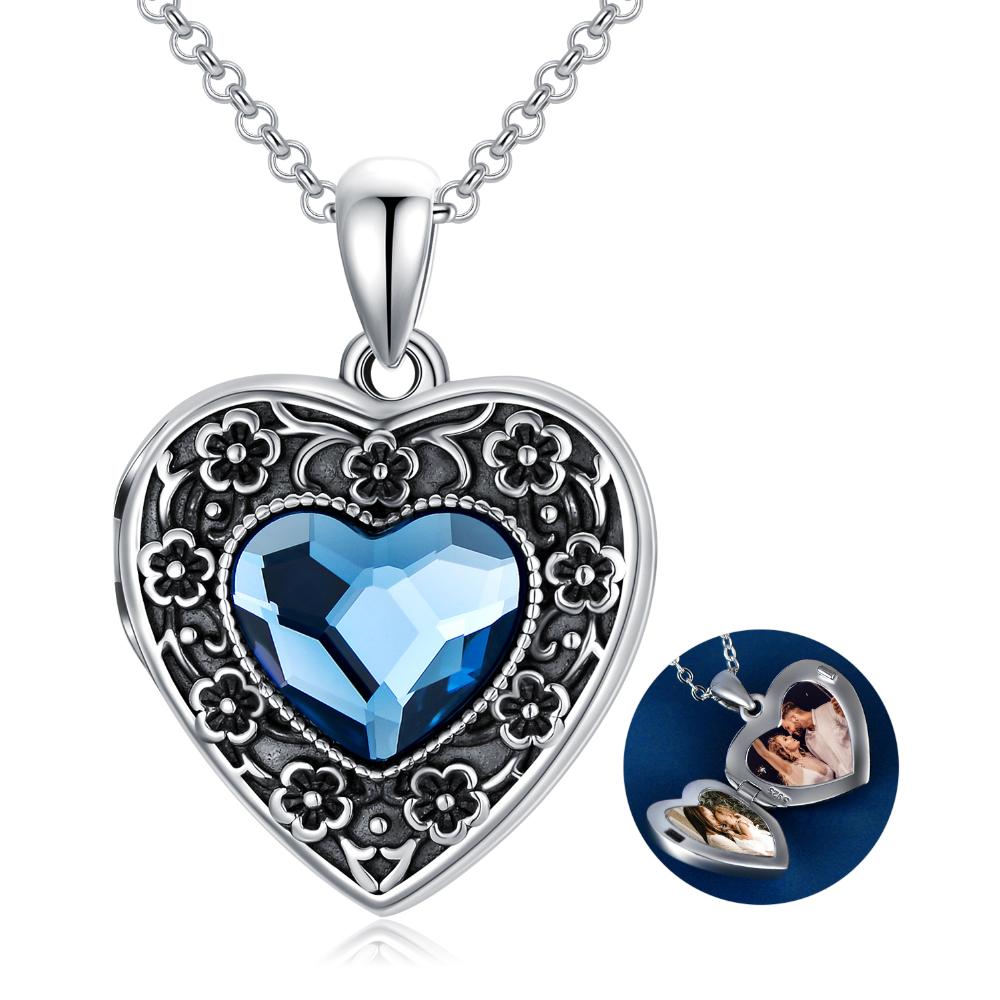 Sterling Silver Vintage Heart Crystal Pendant Flower Photo Lockets Necklace for Women