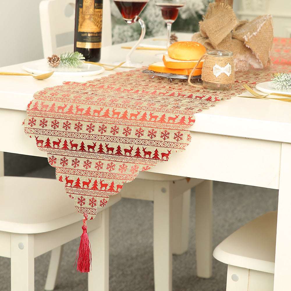 Christmas decorative linen print snowflake with tassel table mat - Minihomy