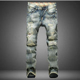 Men's shredded nostalgic jeans flag bottom cloth more worn and washed denim trousers - Minihomy