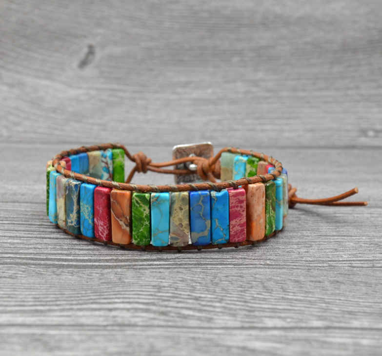 Colored Imperial Stone Hand-woven Single-layer Leather Bracelet: Embrace Ethnic Elegance - Minihomy