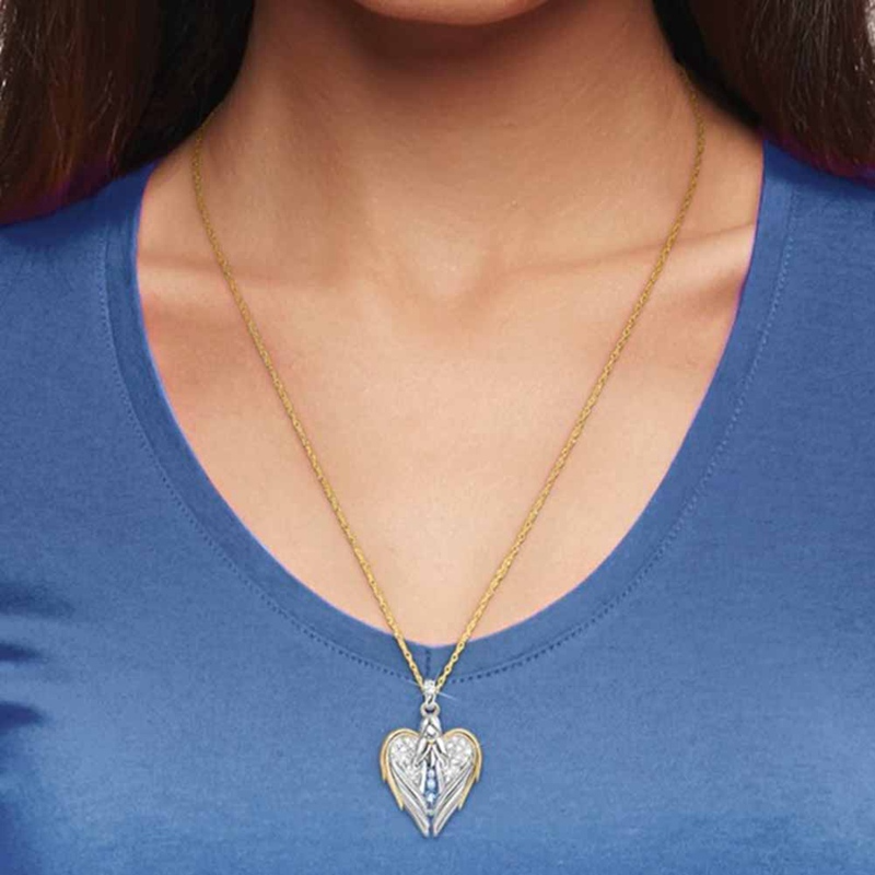 Gold Sliver Crystal Rhinestone Heart-shaped Design Angel Wings Sweater Chain Pendants Necklaces For Women Angle Girl Gift - Minihomy