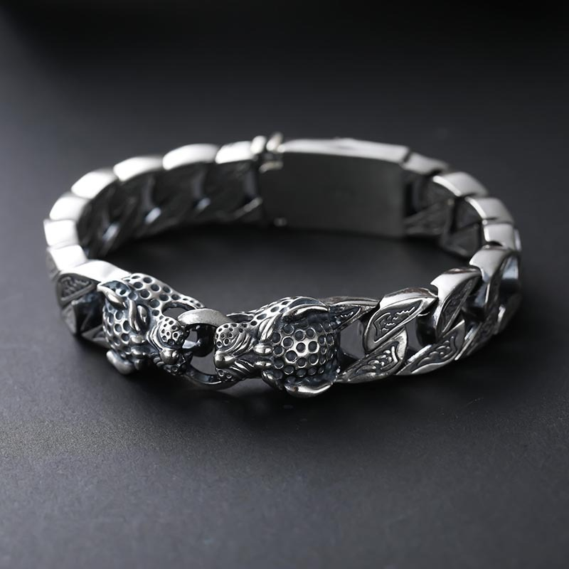 S925 Sterling Silver Leopard Head Bracelet Men's Retro Thick Style